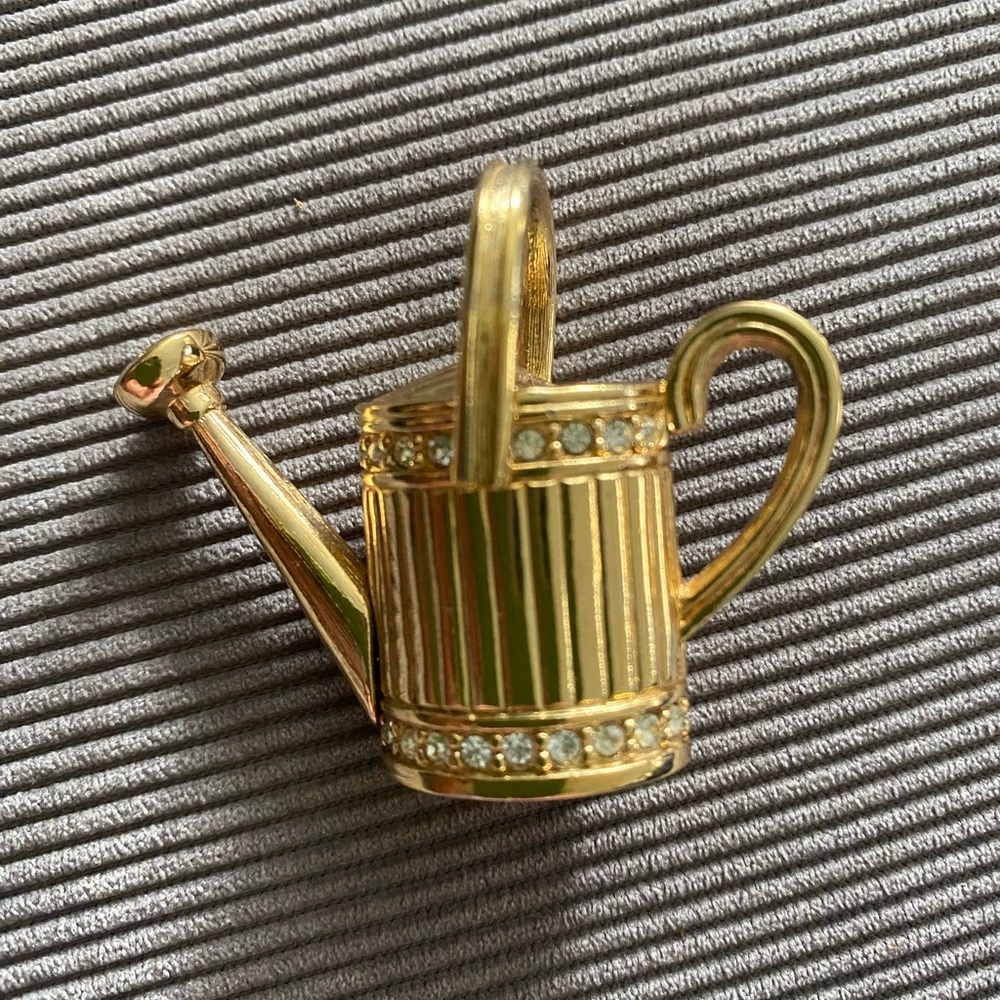 Gardener’s Gift Swarovski Gold Watering Can Brooch with Rhinestones